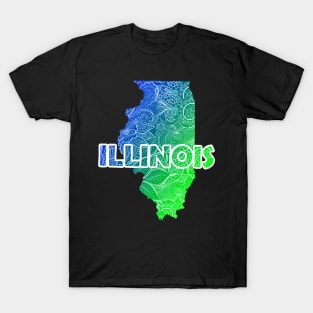 Colorful mandala art map of Illinois with text in blue and green T-Shirt